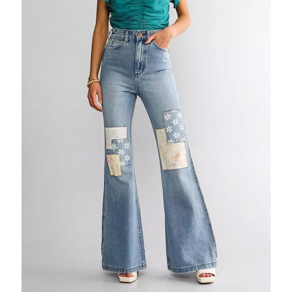 Billabong X Wrangler Womens High Rise Super Flare Blue Jeans Floral Patchwork 28